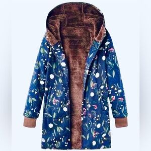 FLORAL JACKET SHERPA NAVY FLORAL COAT LIGHTWT LINED HOODED PARKA ASIAN 3XL US XL
